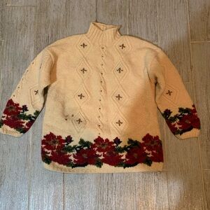 VTG L.L. Bean Sweater Women's Large 100% Pure Wool Poinsettia Flowers Pullover